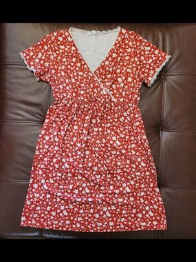 Maternity Red Floral Wrap-Style Dress/Night Gown with White Print